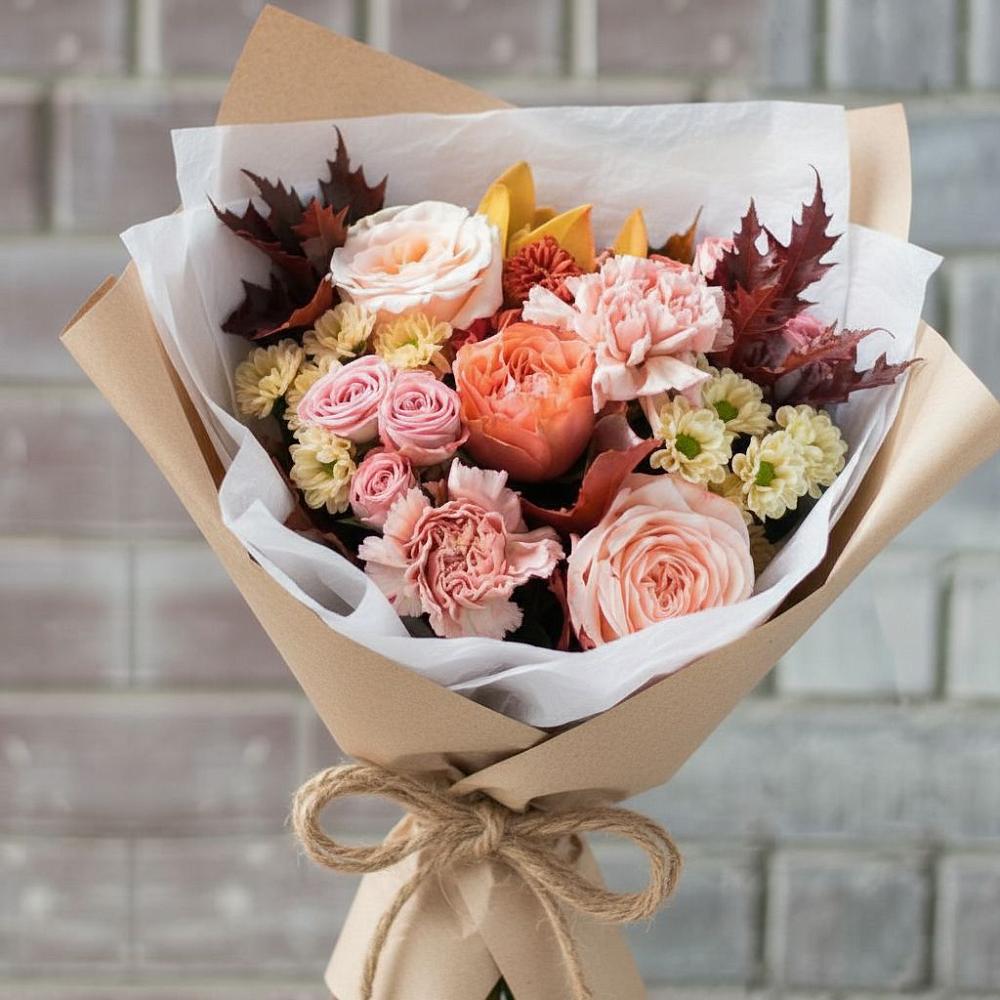 Букет цветов из: Гвоздики, Хризантемы и Розы в Карталах