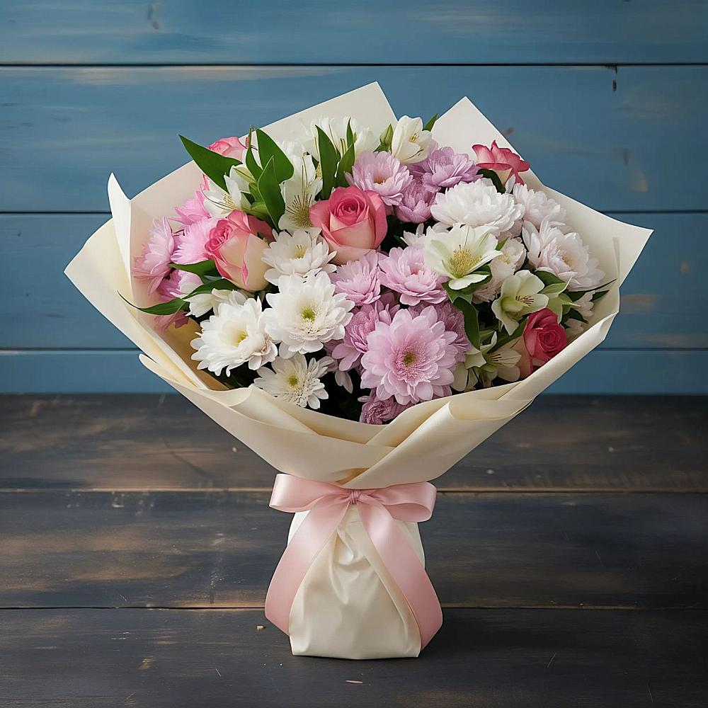 Букет цветов из: Хризантемы, Альстромерии и Розы в Карталах